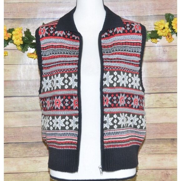 Rafaella Ladies M Zip Up Christmas Sweater Vest Snowflakes Winter Black & Red - Picture 5 of 11